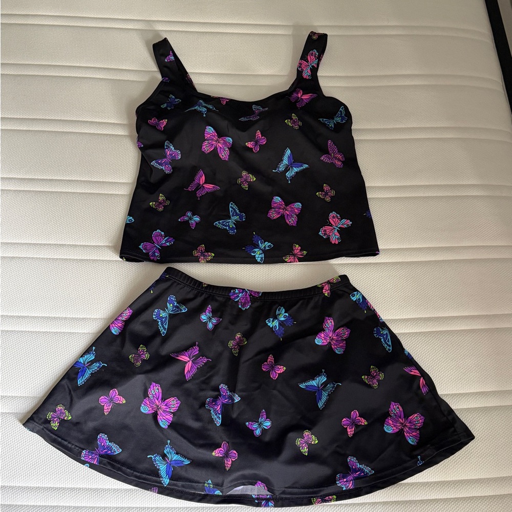 Vintage Black butterfly Tankini set with skirt